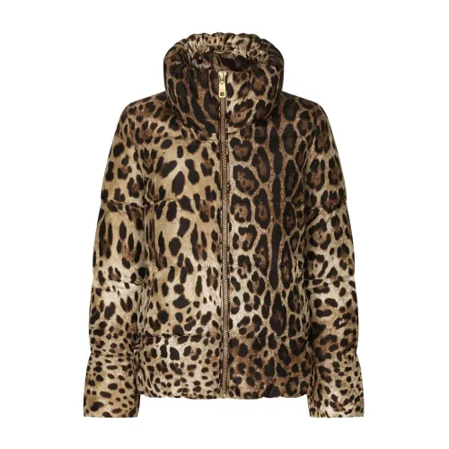 Dolce & Gabbana , Leopard Print Puffer Jacket ,Brown female, Sizes: