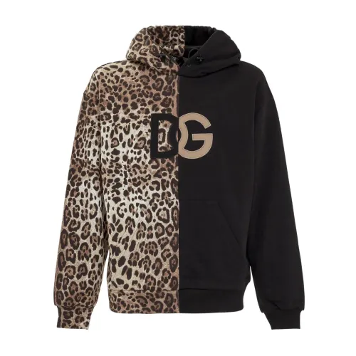 Dolce & Gabbana , Leopard-print Spliced Hoodie with DG Logo ,Black male, Sizes: