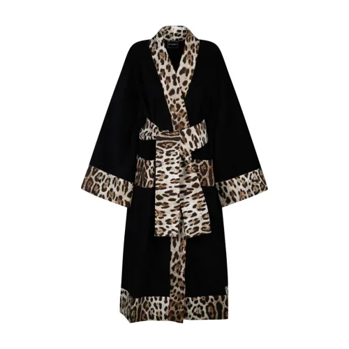 Dolce & Gabbana , Leopard Print Trim Bathrobe ,Black female, Sizes: