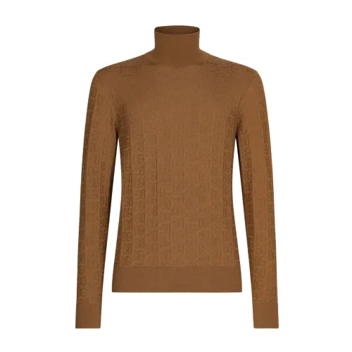 Dolce & Gabbana , Logo-Embroidery Knitted Turtleneck in Camel Brown ,Brown male, Sizes: