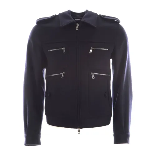Dolce & Gabbana , Luxurious Men`s Leather Jacket with Zippers ,Blue male, Sizes: