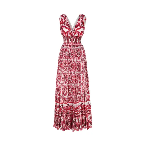 Dolce & Gabbana , Majolica Print Cotton Poplin Dress ,Pink female, Sizes: