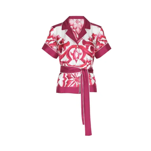 Dolce & Gabbana , Majolica-print Silk Shirt with Belt ,Pink female, Sizes: