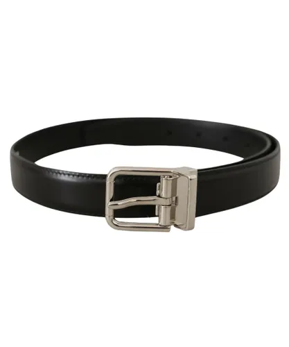 Dolce & Gabbana Mens Black Calf Leather Logo Engraved Metal Buckle Belt