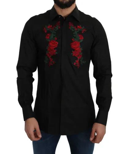 Dolce & Gabbana Mens Black Cotton GOLD Logo Roses Shirt