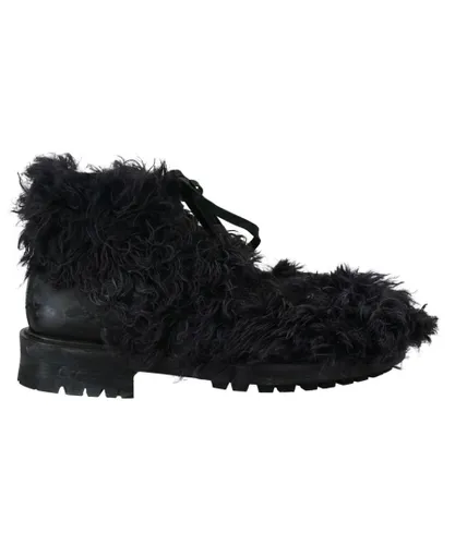 Dolce & Gabbana Mens Black Leather Combat Shearling Boots Shoes