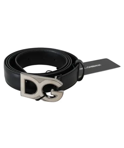 Dolce & Gabbana Mens Black Leather DG Silver Logo Buckle Belt