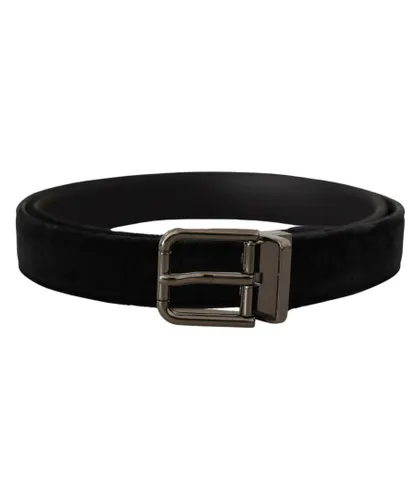 Dolce & Gabbana Mens Black Velvet Silver Tone Logo Metal Buckle Belt Leather