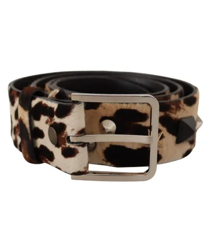 Dolce & Gabbana Mens Brown Leopard Print Studded Leather Metal Buckle Belt
