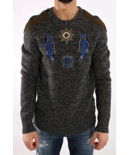 Dolce & Gabbana Mens Embroidered Wool Cashmere Sweater - Grey