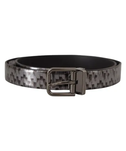 Dolce & Gabbana Mens Gray Herringbone Leather 3D Metal Buckle Belt - Grey