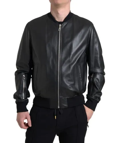 Dolce & Gabbana Mens Leather Full Zip Bomber Jacket - Black
