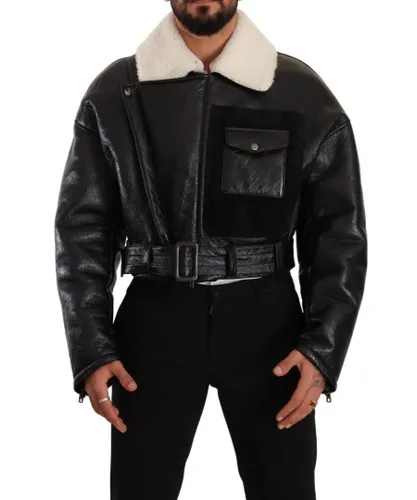 Dolce & Gabbana Mens Leather Shearling Biker Jacket - Black Lamb Leather