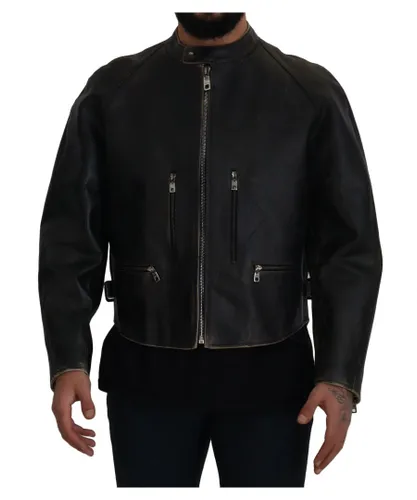 Dolce & Gabbana Mens Leather Zipper Biker Coat Jacket - Black