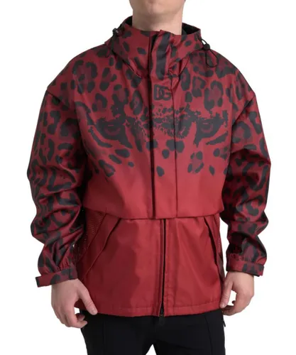 Dolce & Gabbana Mens Leopard Print Hooded Rain Jacket - Red