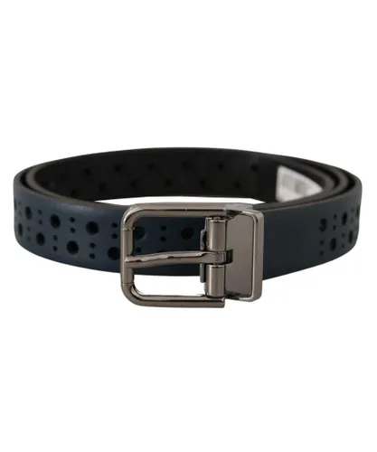 Dolce & Gabbana Mens Navy Blue Perforated Leather Skinny Metal Buckle Belt
