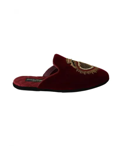Dolce & Gabbana Mens Red Velvet Sacred Heart Embroidery Slides Shoes Leather