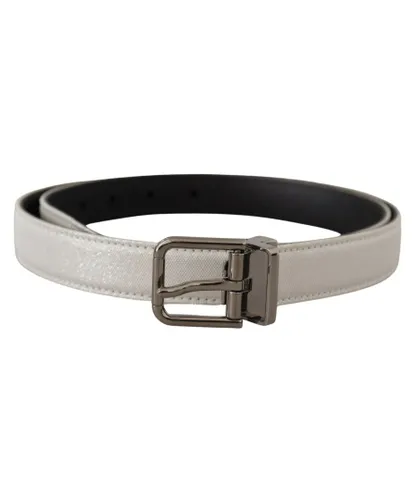 Dolce & Gabbana Mens White Leather Black Chrome Logo Buckle Belt