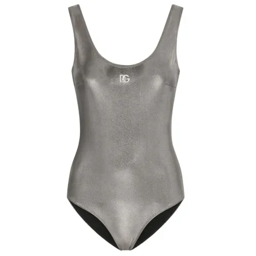 Dolce & Gabbana , Metallic U-neck Swimsuit with Open Back ,Gray female, Sizes: