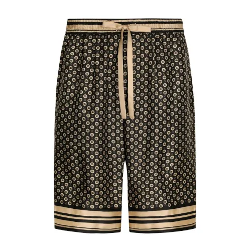 Dolce & Gabbana , Monogram Silk Shorts with Elastic Waistband ,Brown male, Sizes: