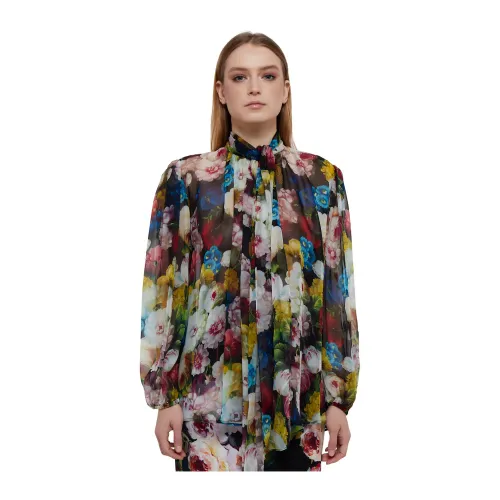 Dolce & Gabbana , MultiColour Floral Silk Shirt with Bow Detail ,Multicolor female, Sizes: