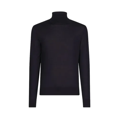 Dolce & Gabbana , Navy Blue Cashmere-Silk Roll-Neck Jumper ,Blue male, Sizes: