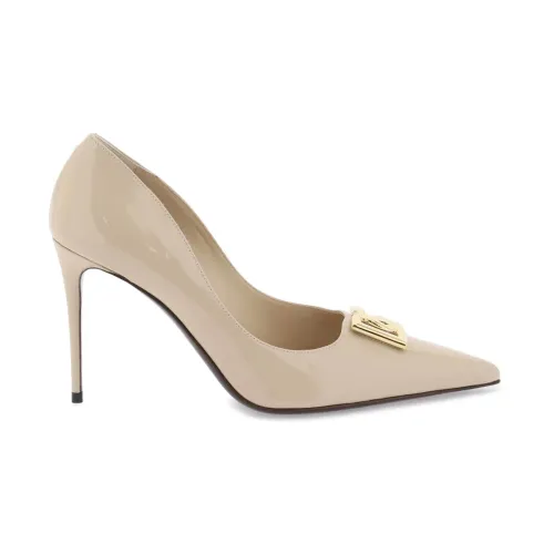 Dolce & Gabbana , Patent Leather Pumps with Gold Metal DG Monogram ,Beige female, Sizes: