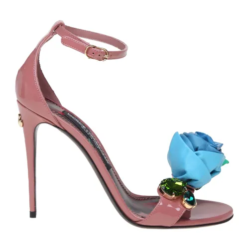Dolce & Gabbana , Pink Patent Leather Sandal with Embroidered Flower ,Pink female, Sizes: