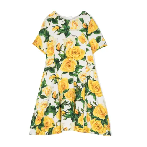 Dolce & Gabbana , Rose Print Flared Skirt Dress ,Yellow female, Sizes: