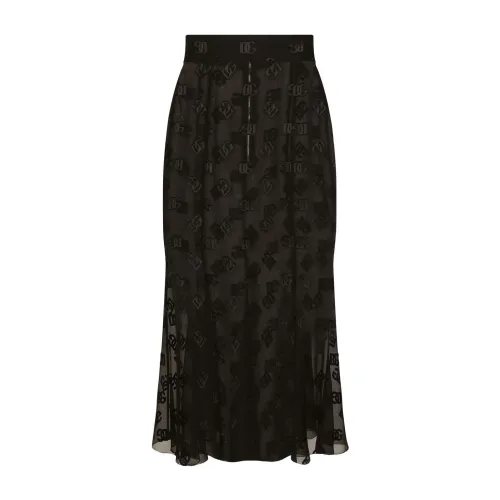 Dolce & Gabbana , Sheer Logo-Embroidered Black Midi Skirt ,Black female, Sizes: