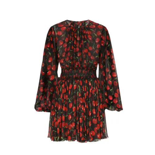 Dolce & Gabbana , Short Black Silk Chiffon Dress with Cherry Print ,Multicolor female, Sizes: