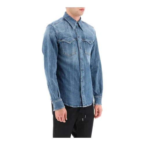 Dolce & Gabbana , Stretch Denim Western Shirt ,Blue male, Sizes: