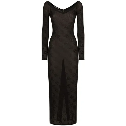 Dolce & Gabbana , Stunning Maxi Dress with V-Neckline and Rear Slit ,Black female, Sizes: