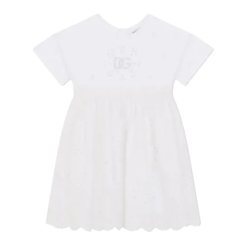 Dolce & Gabbana , White Sangallo Dress with Empire Line and Scalloped Hem ,White female, Sizes: