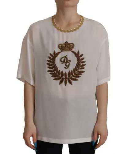 Dolce & Gabbana White Silk Gold DG Crown Crystal Blouse WoMens Top