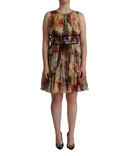 Dolce & Gabbana WoMens Beige Floral Sleeveless Round Neck Mini Dress Silk
