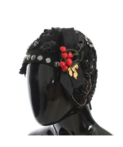 Dolce & Gabbana Womens Black Crystal Gold Cherries Brooch Hat - Grey Cotton - One