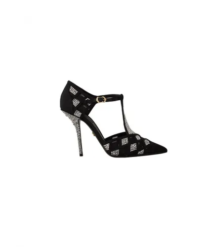 Dolce & Gabbana WoMens Black Crystals T-strap Heels Pumps Shoes Canvas