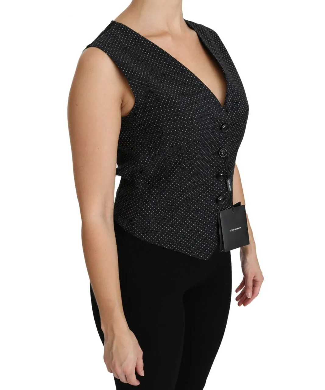 Dolce & Gabbana Womens Black Dotted Waistcoat Vest Blouse Top - Multicolour Virgin Wool