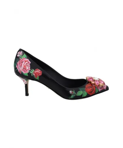 Dolce & Gabbana WoMens Black Floral Print Crystal Heels Pumps Shoes Leather