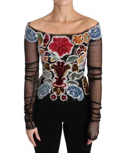 Dolce & Gabbana Womens Black Floral Ricamo Top T-shirt Blouse - Grey Cotton