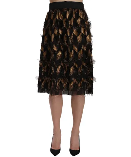 Dolce & Gabbana Womens Black Gold Fringe Metallic Pencil A-line Skirt - Brown Silk
