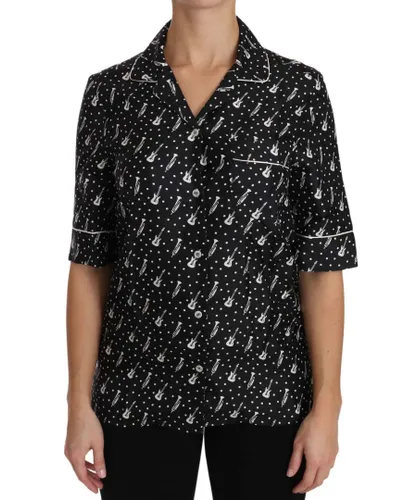 Dolce & Gabbana WoMens Black Guitar & Trumpet Print Silk Shirt Top