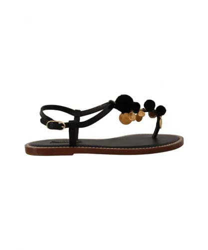 Dolce & Gabbana WoMens Black Leather Coins Flip Flops Sandals Shoes - Gold