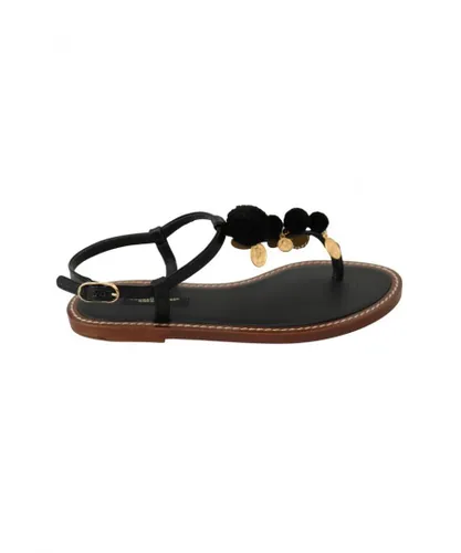 Dolce & Gabbana WoMens Black Leather Coins Flip Flops Sandals Shoes