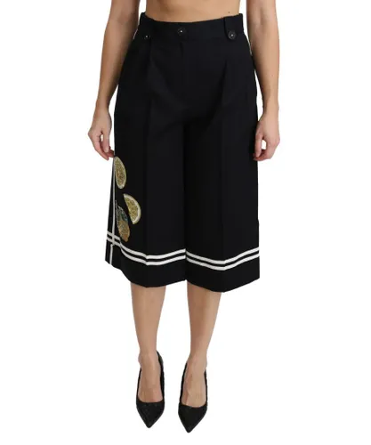 Dolce & Gabbana WoMens Black Lemon Embellished Palazzo Cropped Pants - Brown Cotton