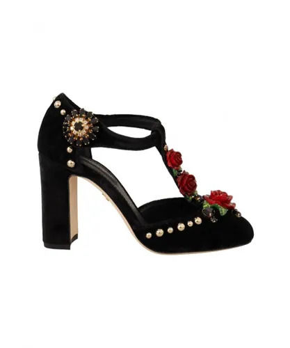 Dolce & Gabbana WoMens Black Mary Jane Pumps Roses Crystals Shoes Viscose