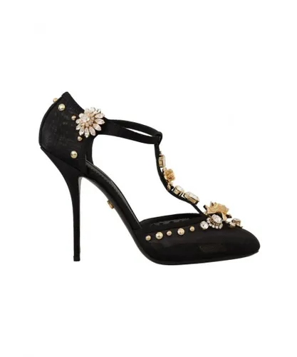 Dolce & Gabbana WoMens Black Mesh Crystals T-strap Heels Pumps Shoes