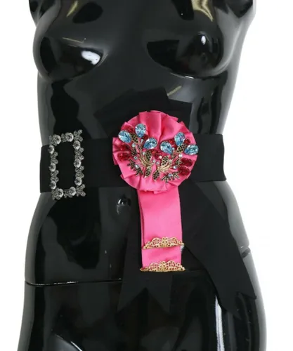 Dolce & Gabbana WoMens Black Pink Flower Brooch Crystals Cotton Belt