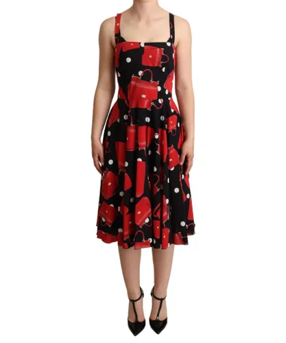 Dolce & Gabbana WoMens Black Red Bag Print A-line Mid Length Dress Silk